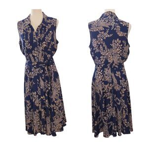 Nanette Lepore 10 Blue Gold Fit & Flare Shirt Dress Button Pleated Floral Birds